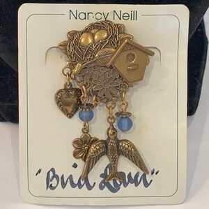 Nancy Neill bird house vintage brooch glass bead